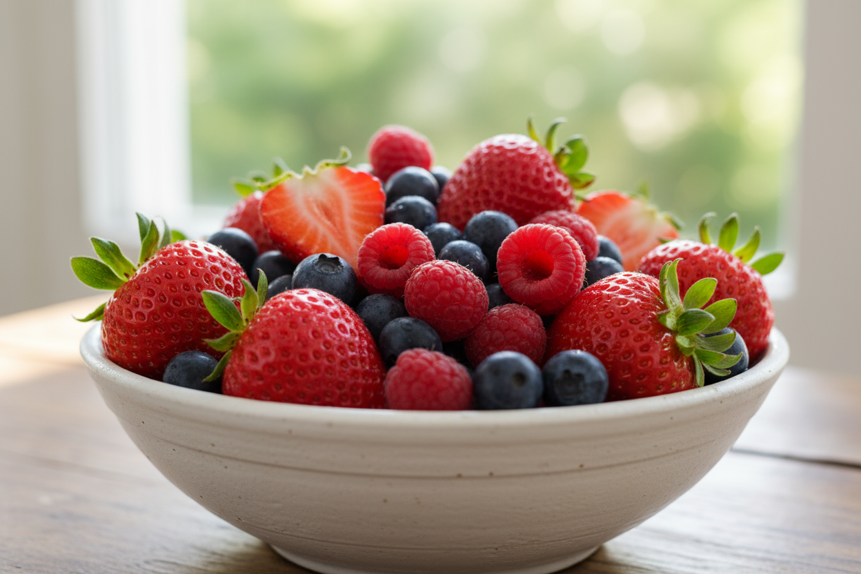 bowl of strawberries, blueberries, and raspberries
