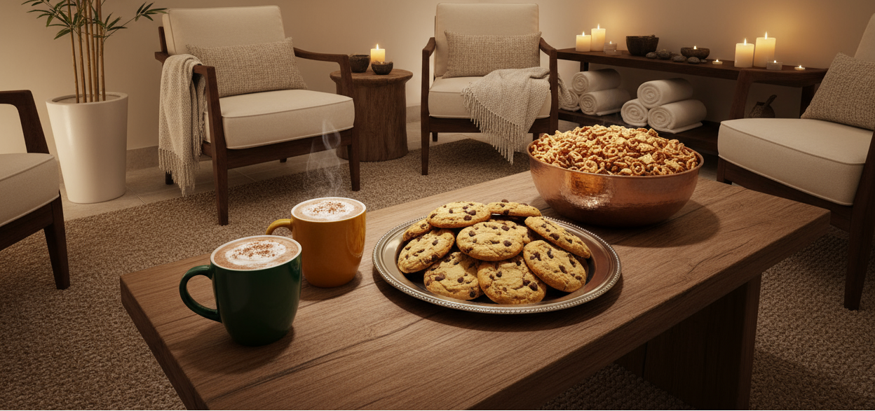 spa area with hot chocolate, cookies and chex mix